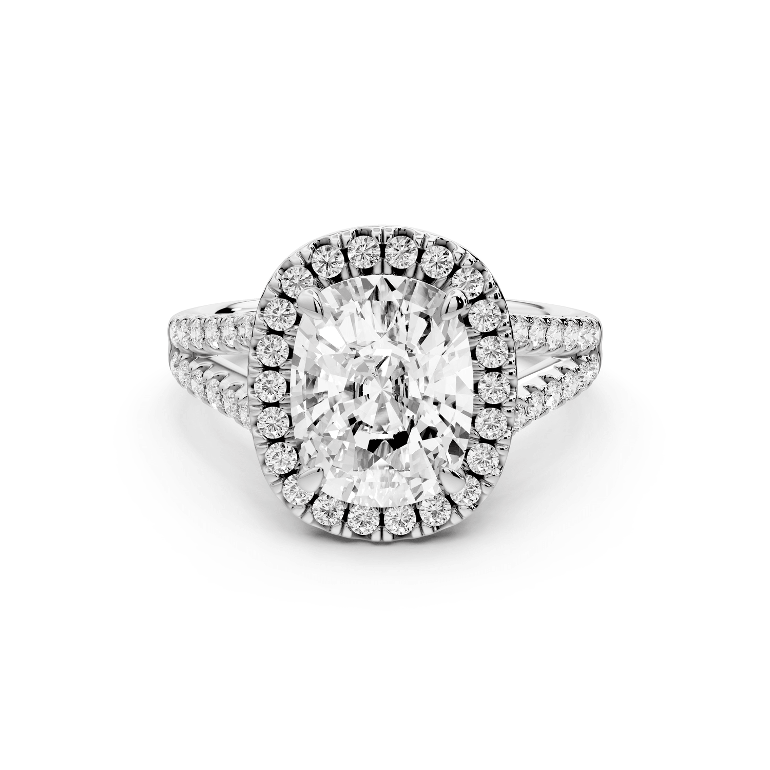 Gabrielle - 3ct 14k white gold ecushion Diamond Graduated Halo Pavé Split Shank Engagement Ring - Mr. Alex Jewelry