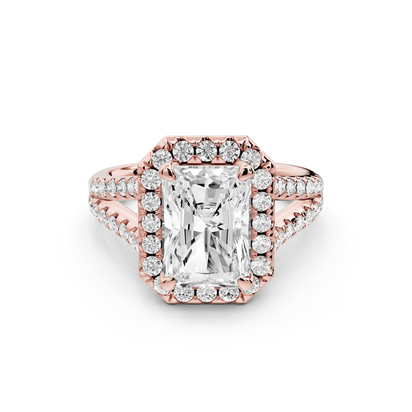Gabrielle - 3ct 18k rose gold emerald Diamond Graduated Halo Pavé Split Shank Engagement Ring - Mr. Alex Jewelry