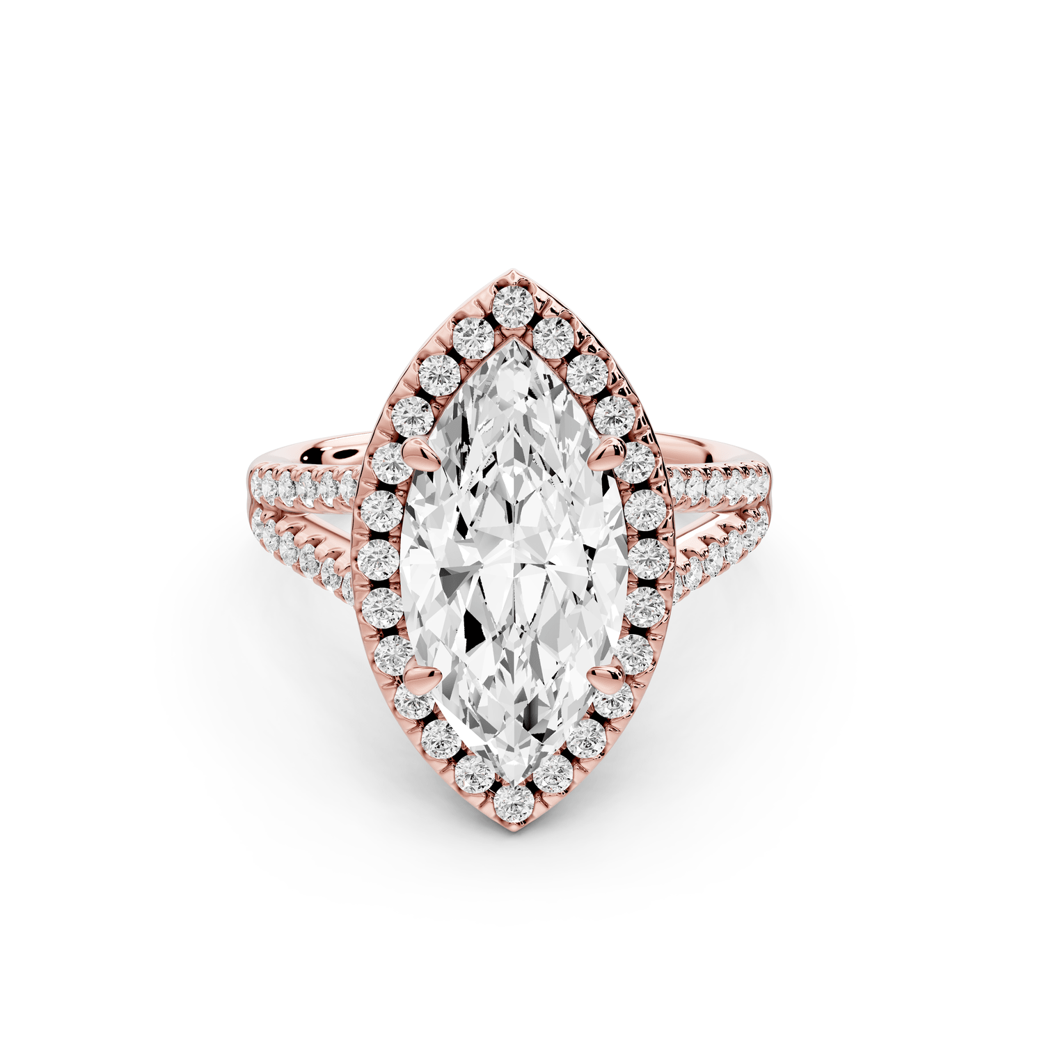 Gabrielle - 3ct 18k rose gold marquise Diamond Graduated Halo Pavé Split Shank Engagement Ring - Mr. Alex Jewelry