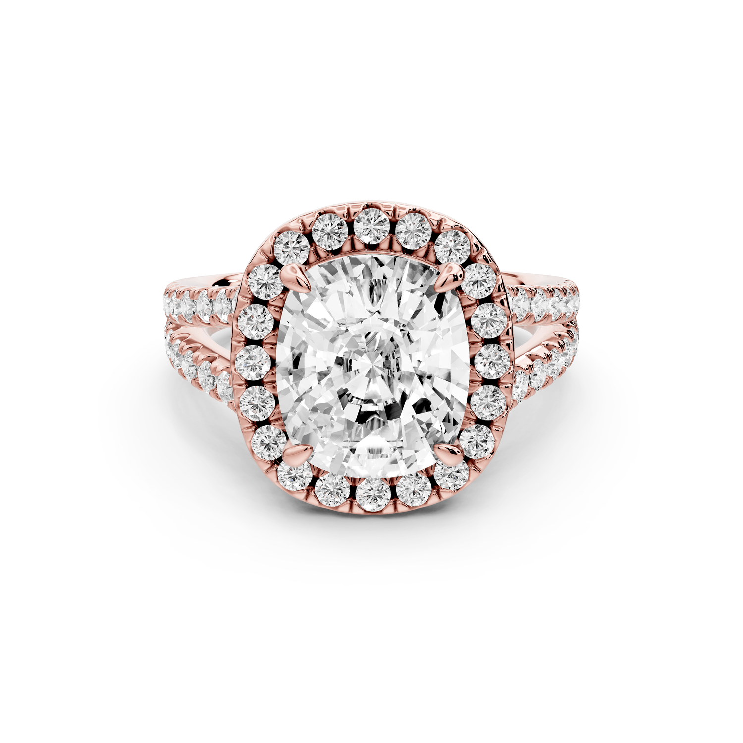 Gabrielle - 4ct 14k rose gold ecushion Diamond Graduated Halo Pavé Split Shank Engagement Ring - Mr. Alex Jewelry