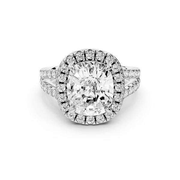 Gabrielle - 4ct 14k white gold ecushion Diamond Graduated Halo Pavé Split Shank Engagement Ring - Mr. Alex Jewelry
