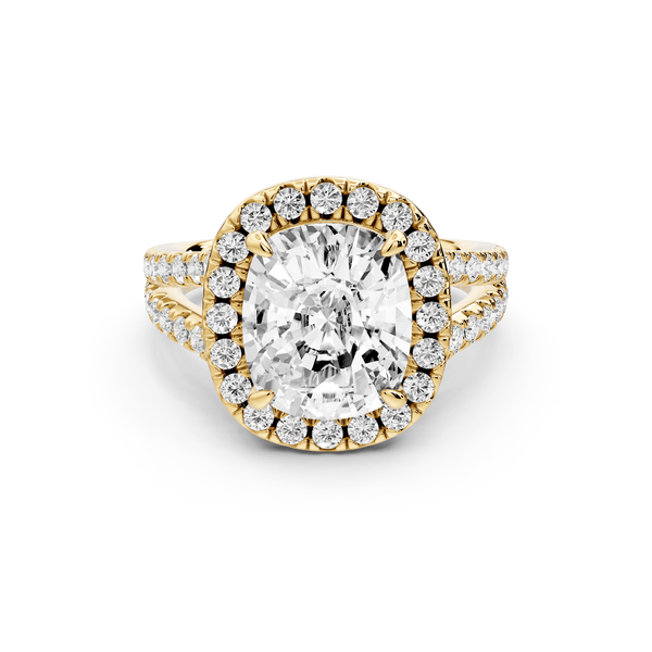 Gabrielle - 4ct 14k yellow gold ecushion Diamond Graduated Halo Pavé Split Shank Engagement Ring - Mr. Alex Jewelry