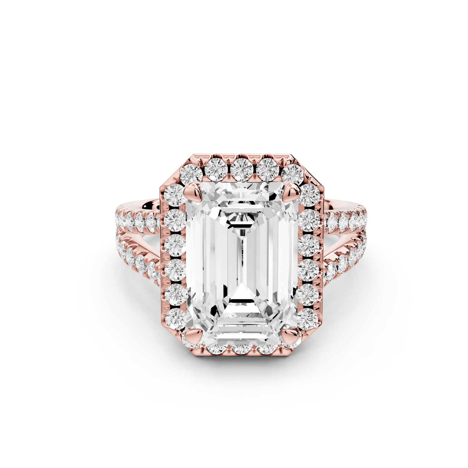 Gabrielle - 4ct 18k rose gold emerald Diamond Graduated Halo Pavé Split Shank Engagement Ring - Mr. Alex Jewelry