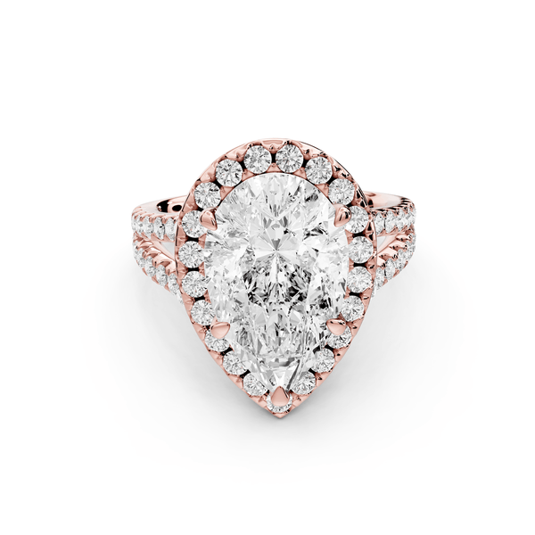 Gabrielle - 4ct 18k rose gold pear Diamond Graduated Halo Pavé Split Shank Engagement Ring - Mr. Alex Jewelry