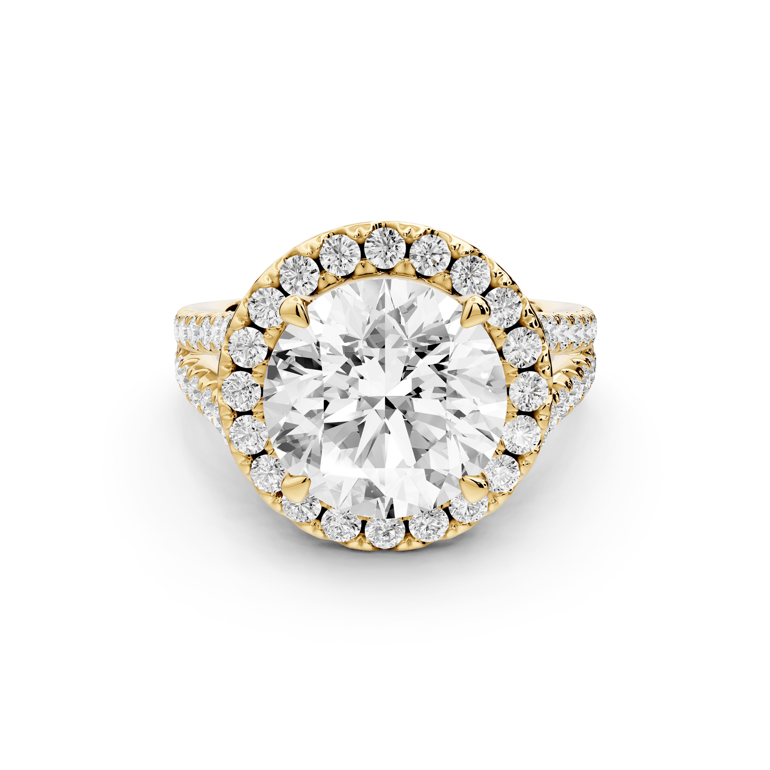 Gabrielle - 4ct 18k yellow gold round Diamond Graduated Halo Pavé Split Shank Engagement Ring - Mr. Alex Jewelry