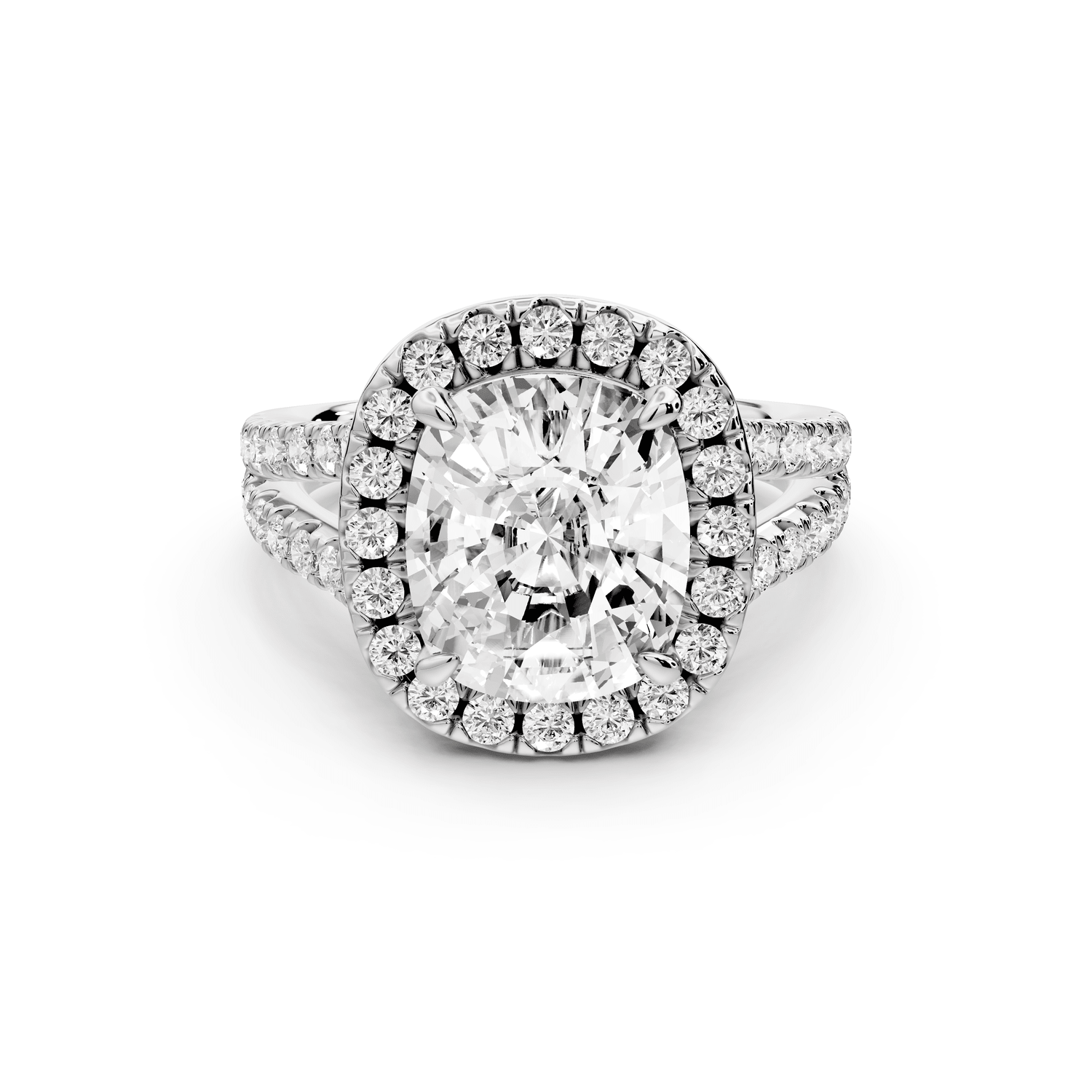 Gabrielle - 4ct platinum ecushion Diamond Graduated Halo Pavé Split Shank Engagement Ring - Mr. Alex Jewelry