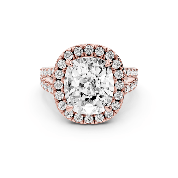 Gabrielle - 5ct 14k rose gold ecushion Diamond Graduated Halo Pavé Split Shank Engagement Ring - Mr. Alex Jewelry