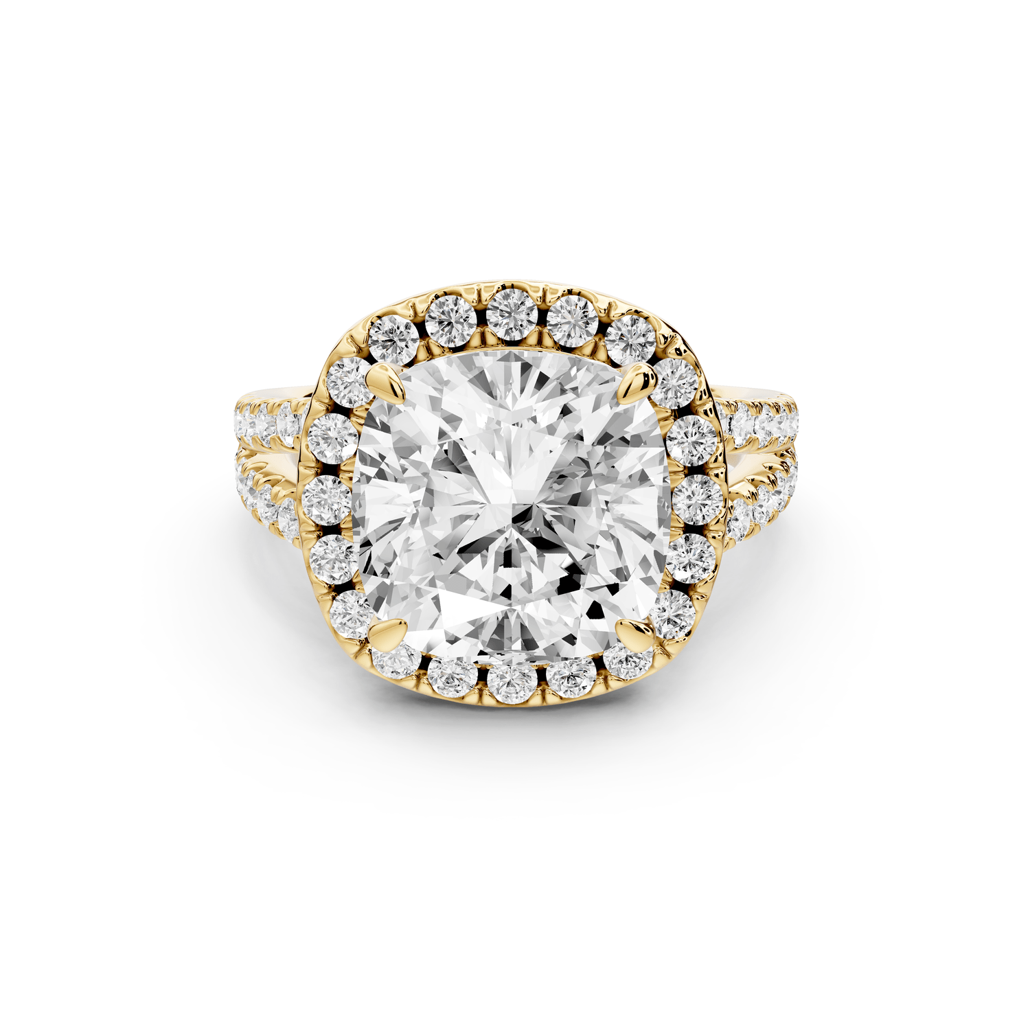 Gabrielle - 5ct 14k yellow gold cushion Diamond Graduated Halo Pavé Split Shank Engagement Ring - Mr. Alex Jewelry