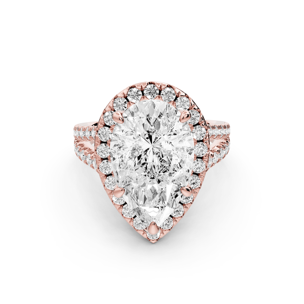 Gabrielle - 5ct 18k rose gold pear Diamond Graduated Halo Pavé Split Shank Engagement Ring - Mr. Alex Jewelry