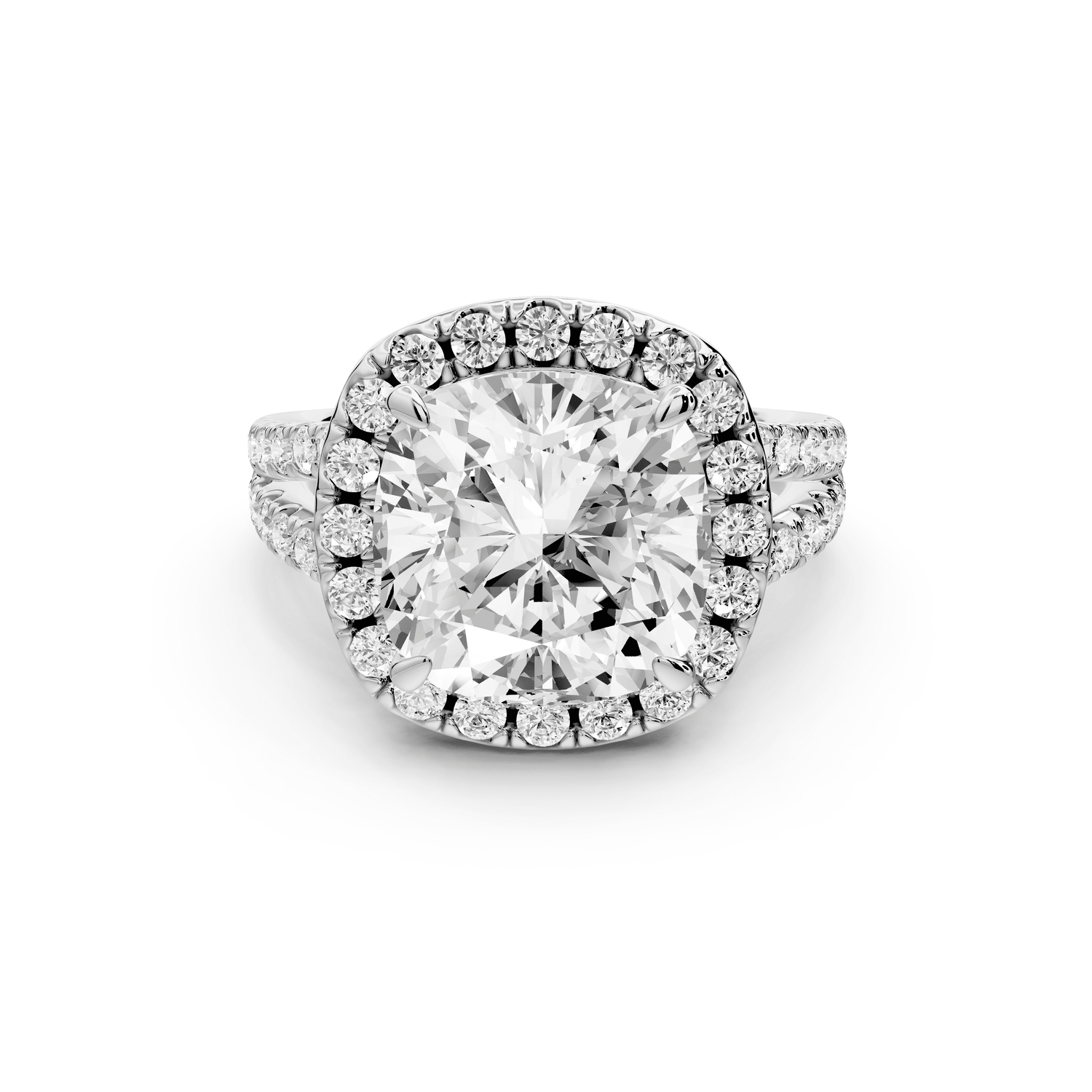 Gabrielle - 5ct 18k white gold cushion Diamond Graduated Halo Pavé Split Shank Engagement Ring - Mr. Alex Jewelry