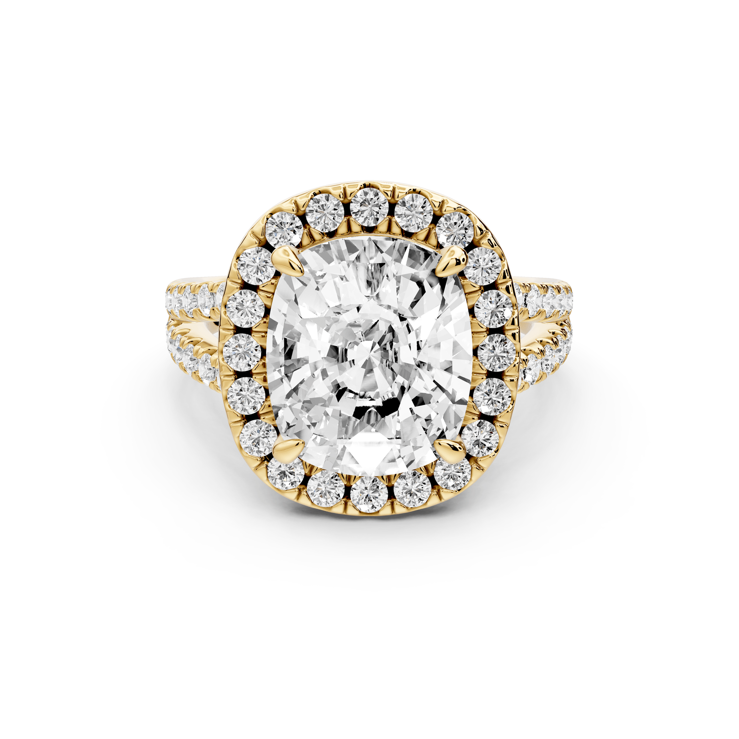 Gabrielle - 5ct 18k yellow gold ecushion Diamond Graduated Halo Pavé Split Shank Engagement Ring - Mr. Alex Jewelry