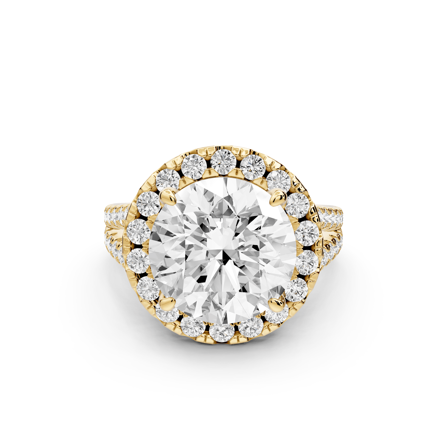 Gabrielle - 5ct 18k yellow gold round Diamond Graduated Halo Pavé Split Shank Engagement Ring - Mr. Alex Jewelry