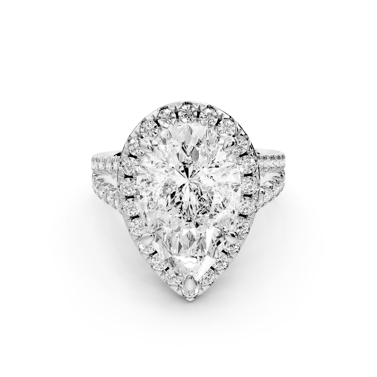 Gabrielle - 5ct platinum pear Diamond Graduated Halo Pavé Split Shank Engagement Ring - Mr. Alex Jewelry