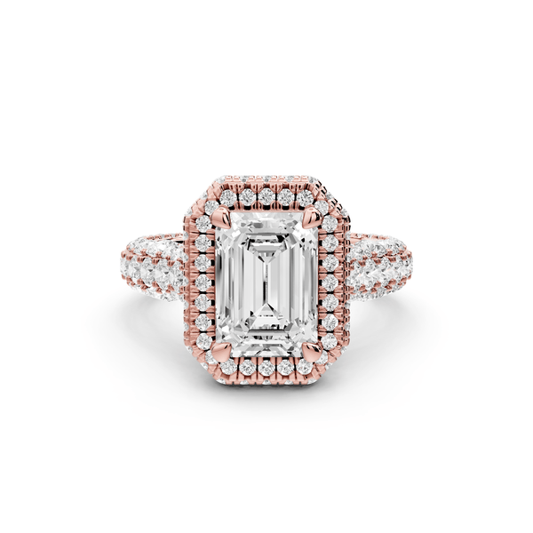 Helena - 2ct 14k rose gold Emerald Double Halo Engagement Ring with Split-Shank Pavé Band - Mr. Alex Jewelry