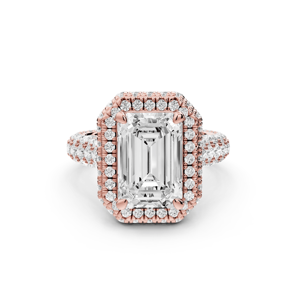 Helena - 3ct 14k rose gold Emerald Double Halo Engagement Ring with Split-Shank Pavé Band - Mr. Alex Jewelry