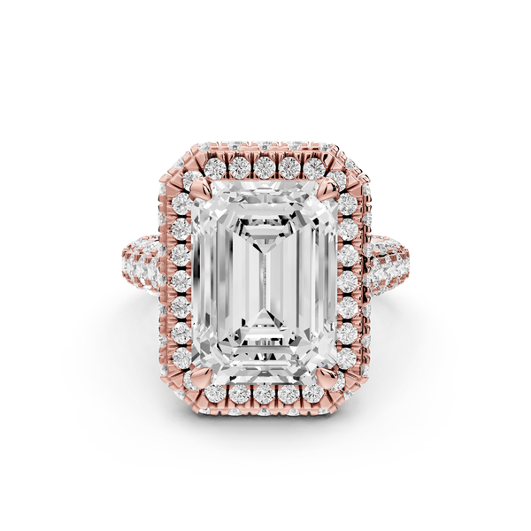 Helena - 5ct 14k rose gold Emerald Double Halo Engagement Ring with Split-Shank Pavé Band - Mr. Alex Jewelry