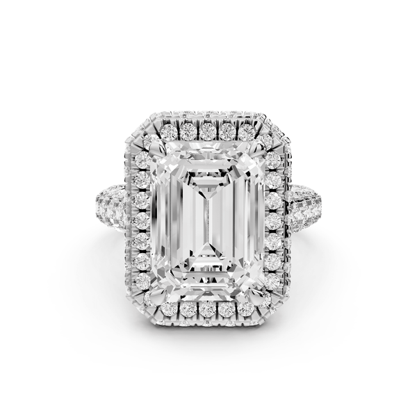 Helena - 5ct 14k white gold Emerald Double Halo Engagement Ring with Split-Shank Pavé Band - Mr. Alex Jewelry