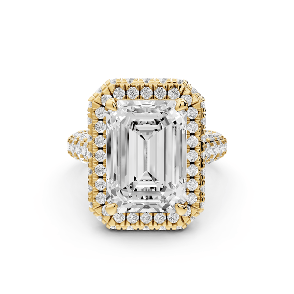 Helena - 5ct 14k yellow gold Emerald Double Halo Engagement Ring with Split-Shank Pavé Band - Mr. Alex Jewelry