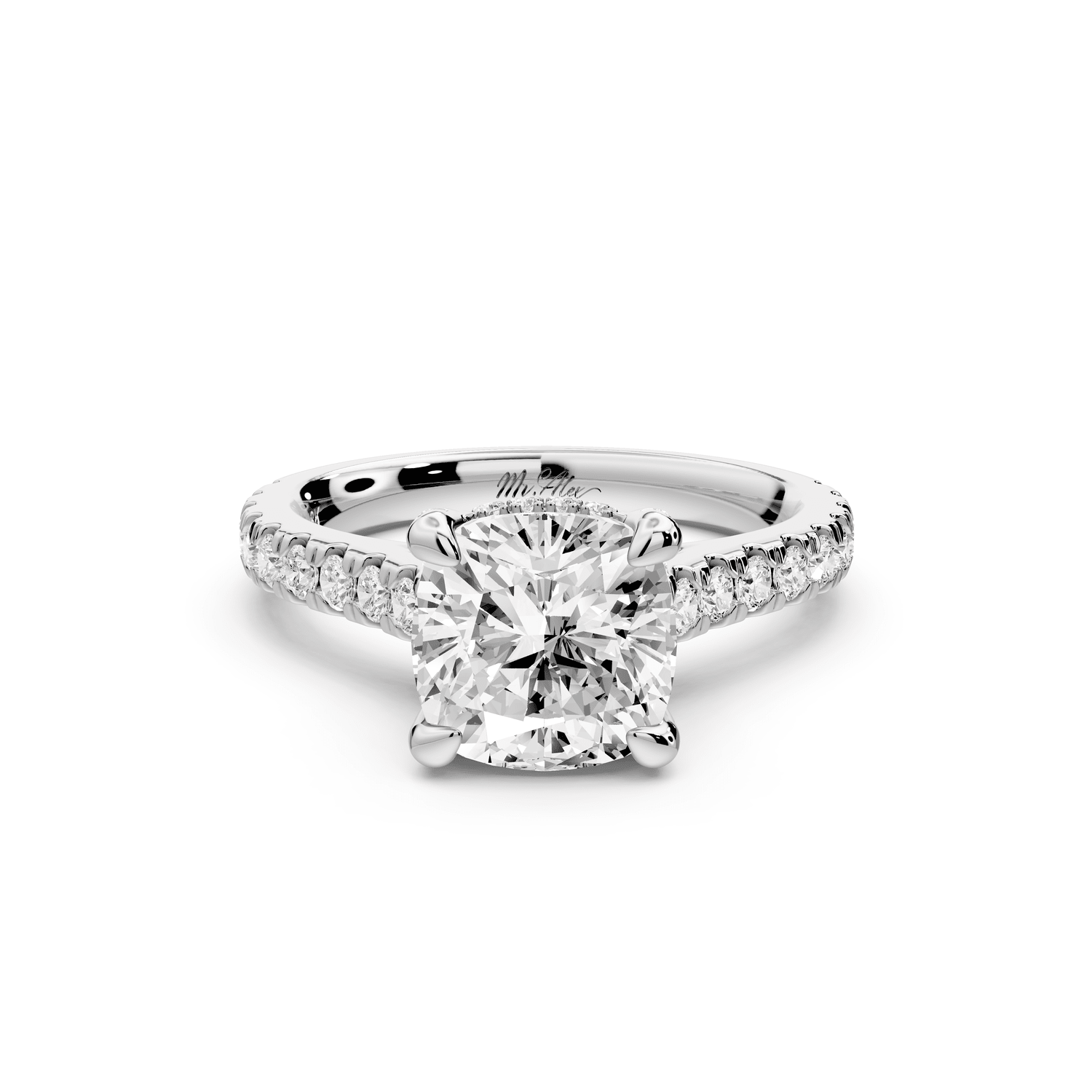 Iris - 2ct 14k white gold Three stone cushion Halo engagement ring - Mr. Alex Jewelry