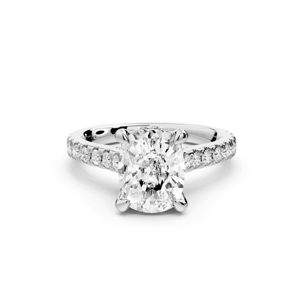 Iris - 2ct 14k white gold Three stone Elongated Cushion Halo engagement ring - Mr. Alex Jewelry