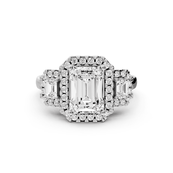 Iris - 2ct 14k white gold Three stone radiant Halo engagement ring - Mr. Alex Jewelry