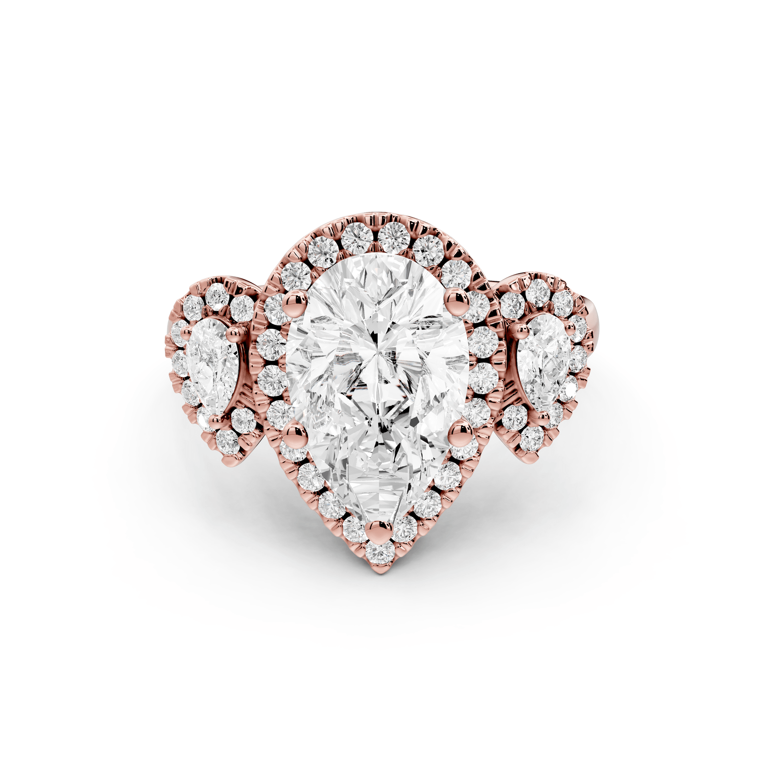 Iris - 2ct 18k rose gold Three stone pear Halo engagement ring - Mr. Alex Jewelry