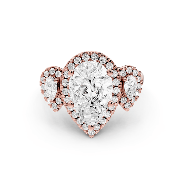 Iris - 2ct 18k rose gold Three stone pear Halo engagement ring - Mr. Alex Jewelry