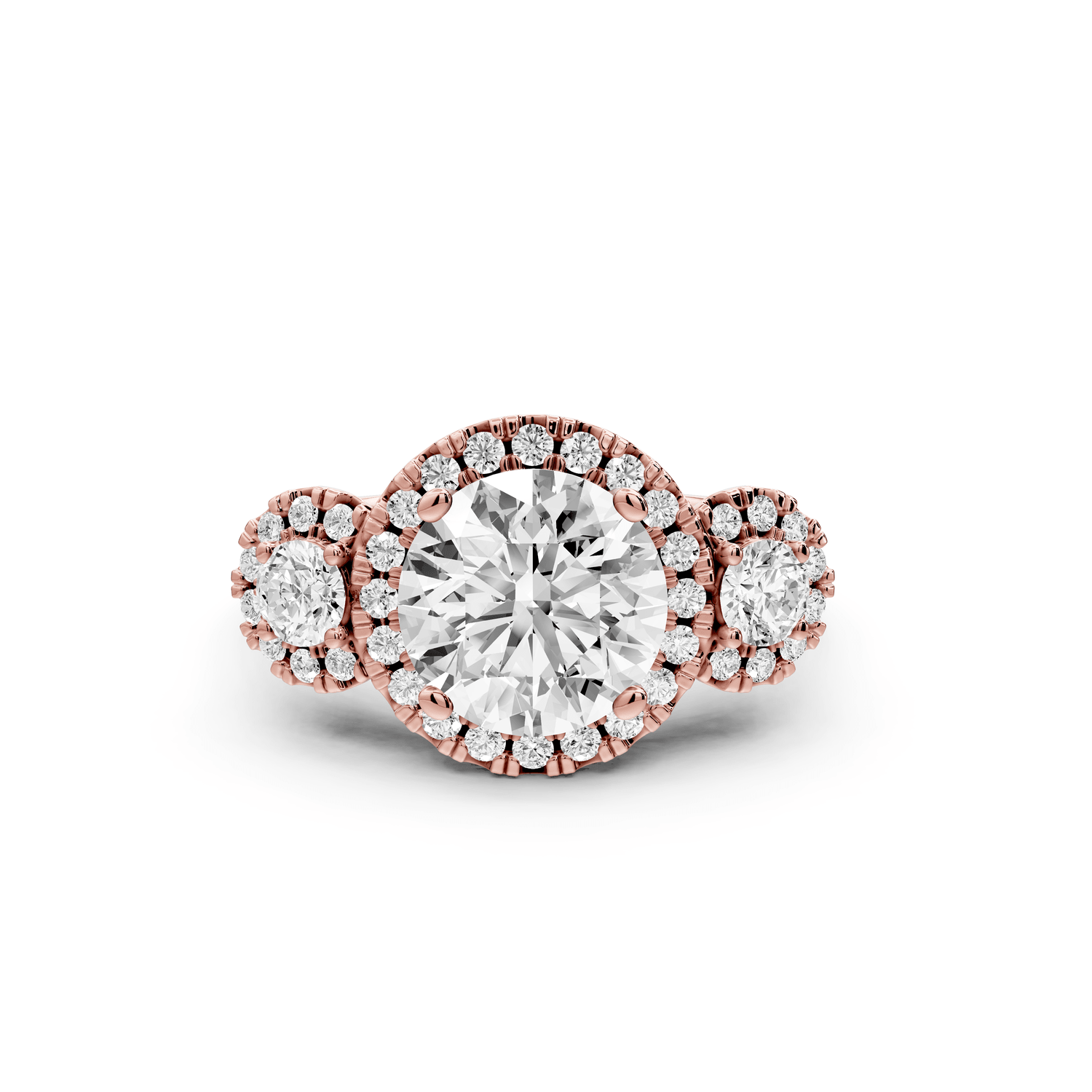 Iris - 2ct 18k rose gold Three stone round Halo engagement ring - Mr. Alex Jewelry