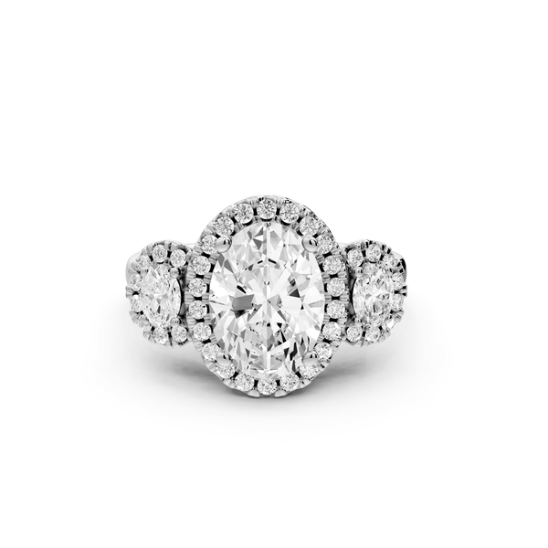 Iris - 2ct 18k white gold Three stone oval Halo engagement ring - Mr. Alex Jewelry