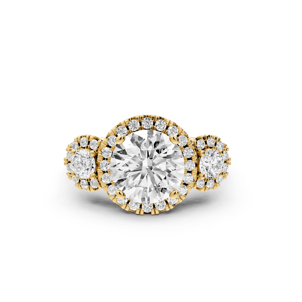 Iris - 2ct 18k yellow gold Three stone round Halo engagement ring - Mr. Alex Jewelry