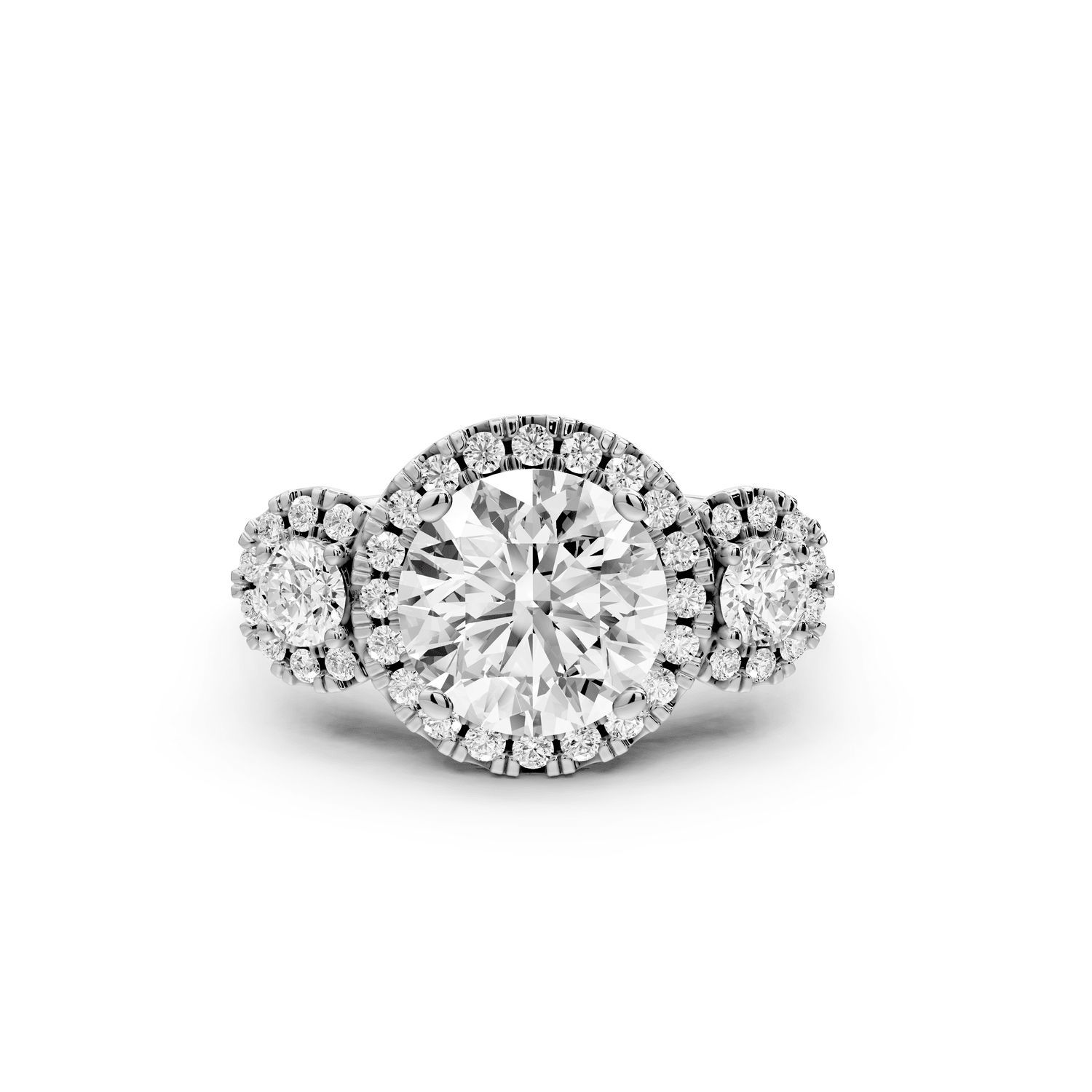 Iris - 2ct platinum Three stone round Halo engagement ring - Mr. Alex Jewelry