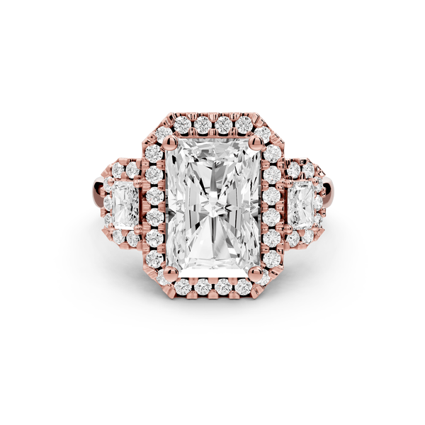 Iris - 3ct 14k rose gold Three stone radiant Halo engagement ring - Mr. Alex Jewelry