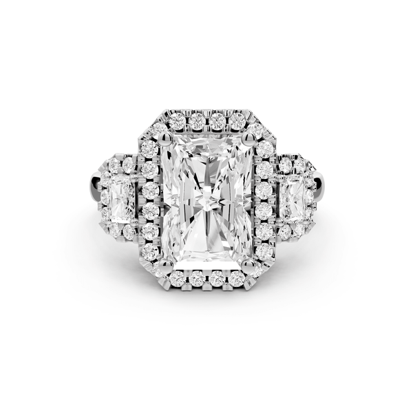 Iris - 3ct 14k white gold Three stone radiant Halo engagement ring - Mr. Alex Jewelry