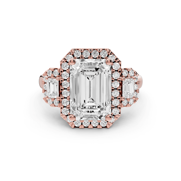 Iris - 3ct 18k rose gold Three stone emerald Halo engagement ring - Mr. Alex Jewelry