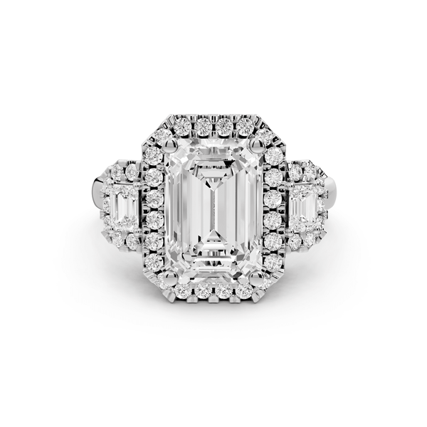 Iris - 3ct 18k white gold Three stone emerald Halo engagement ring - Mr. Alex Jewelry