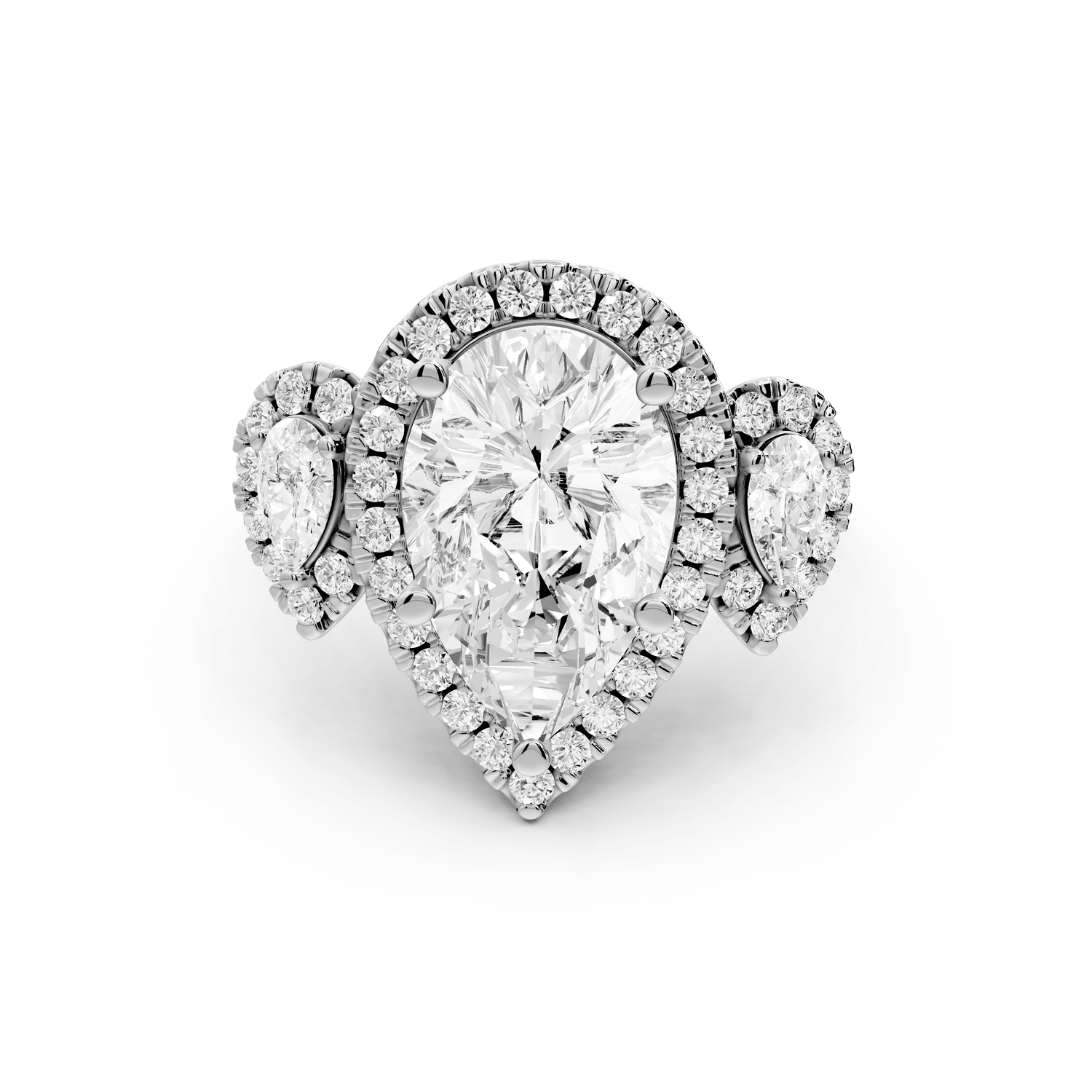 Iris - 3ct 18k white gold Three stone pear Halo engagement ring - Mr. Alex Jewelry