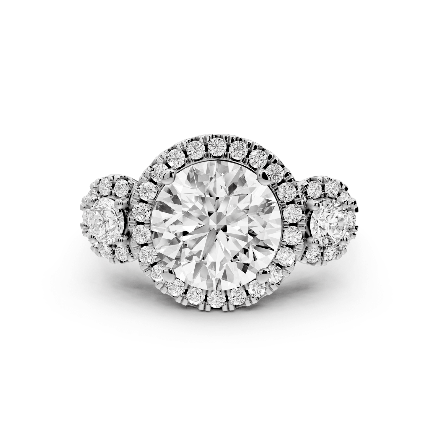 Iris - 3ct 18k white gold Three stone round Halo engagement ring - Mr. Alex Jewelry