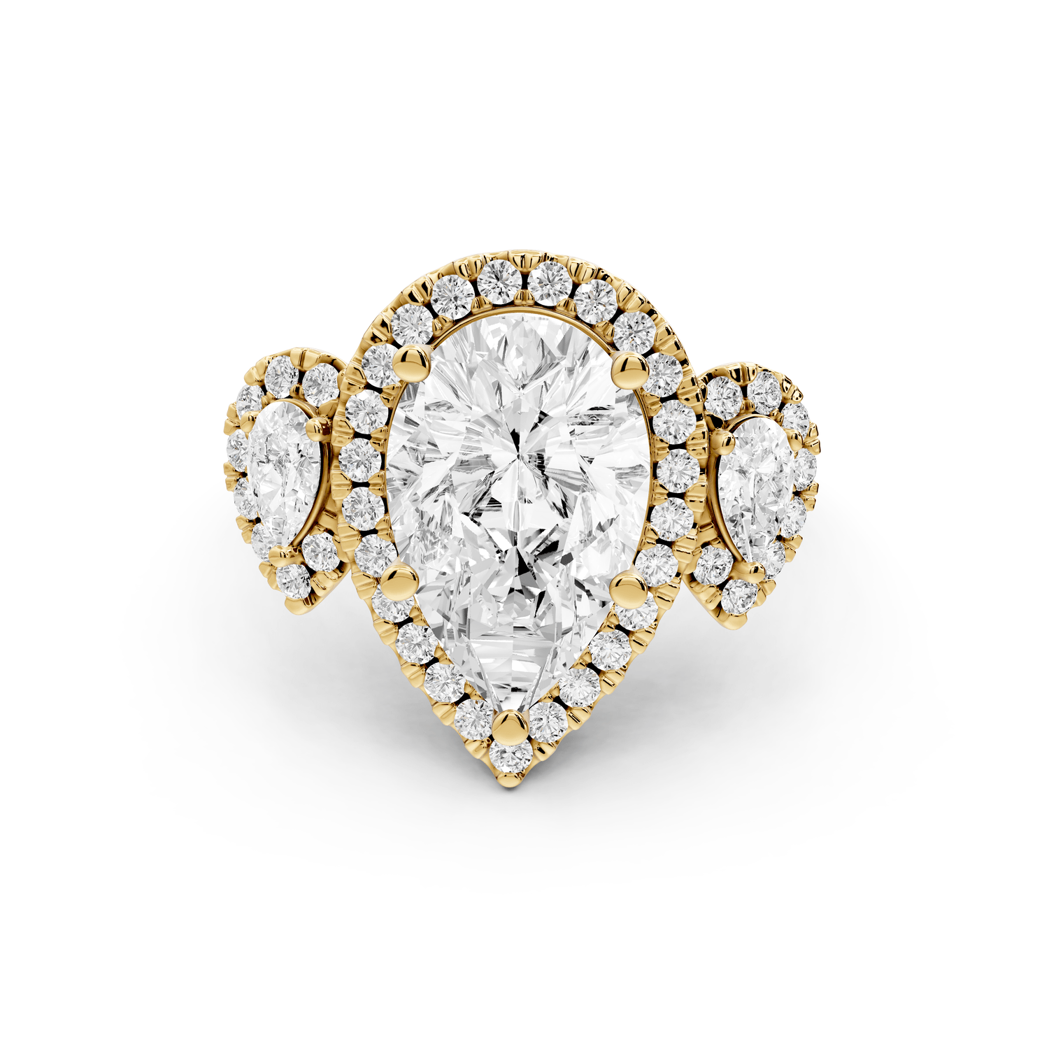 Iris - 3ct 18k yellow gold Three stone pear Halo engagement ring - Mr. Alex Jewelry