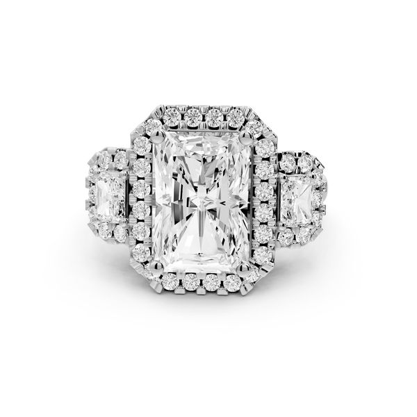 Iris - 4ct 14k white gold Three stone radiant Halo engagement ring - Mr. Alex Jewelry