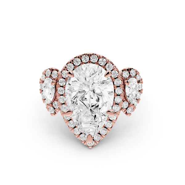 Iris - 4ct 18k rose gold Three stone pear Halo engagement ring - Mr. Alex Jewelry