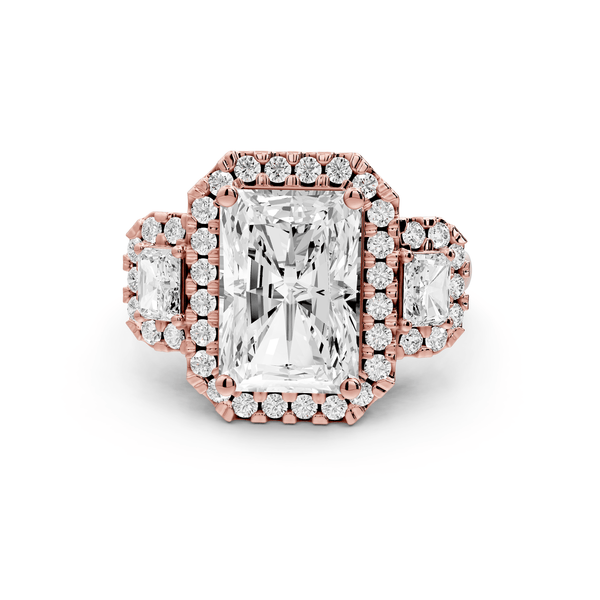 Iris - 4ct 18k rose gold Three stone radiant Halo engagement ring - Mr. Alex Jewelry