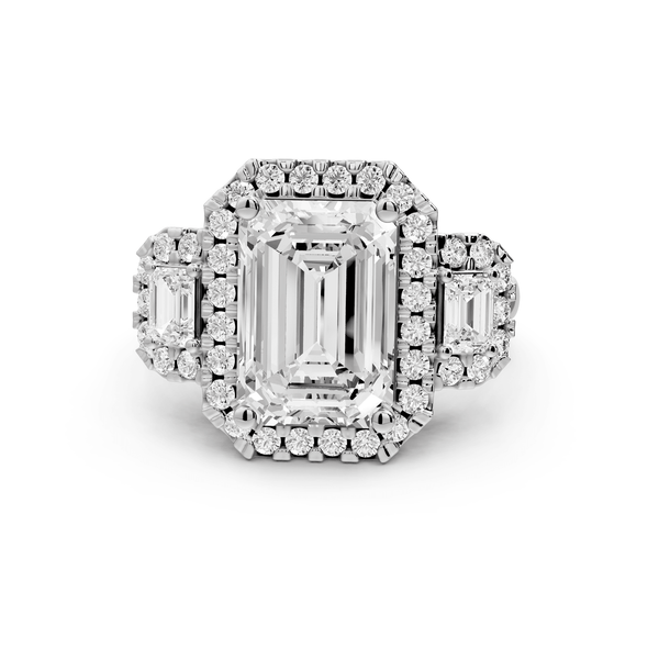 Iris - 4ct 18k white gold Three stone emerald Halo engagement ring - Mr. Alex Jewelry