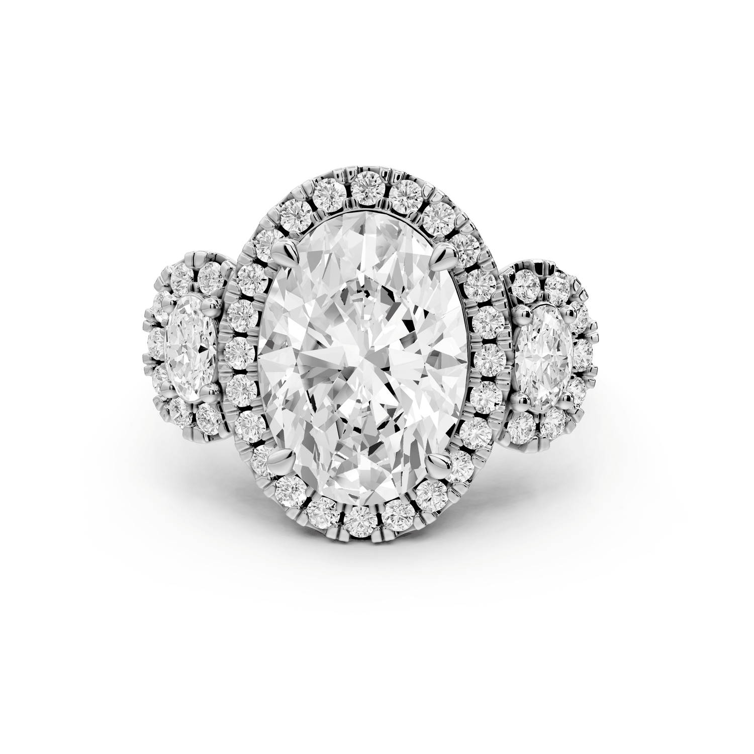 Iris - 4ct 18k white gold Three stone oval Halo engagement ring - Mr. Alex Jewelry