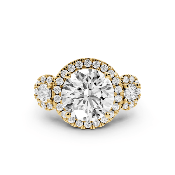 Iris - 4ct 18k yellow gold Three stone round Halo engagement ring - Mr. Alex Jewelry