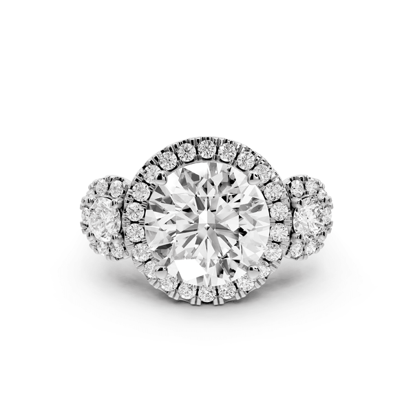Iris - 4ct platinum Three stone round Halo engagement ring - Mr. Alex Jewelry