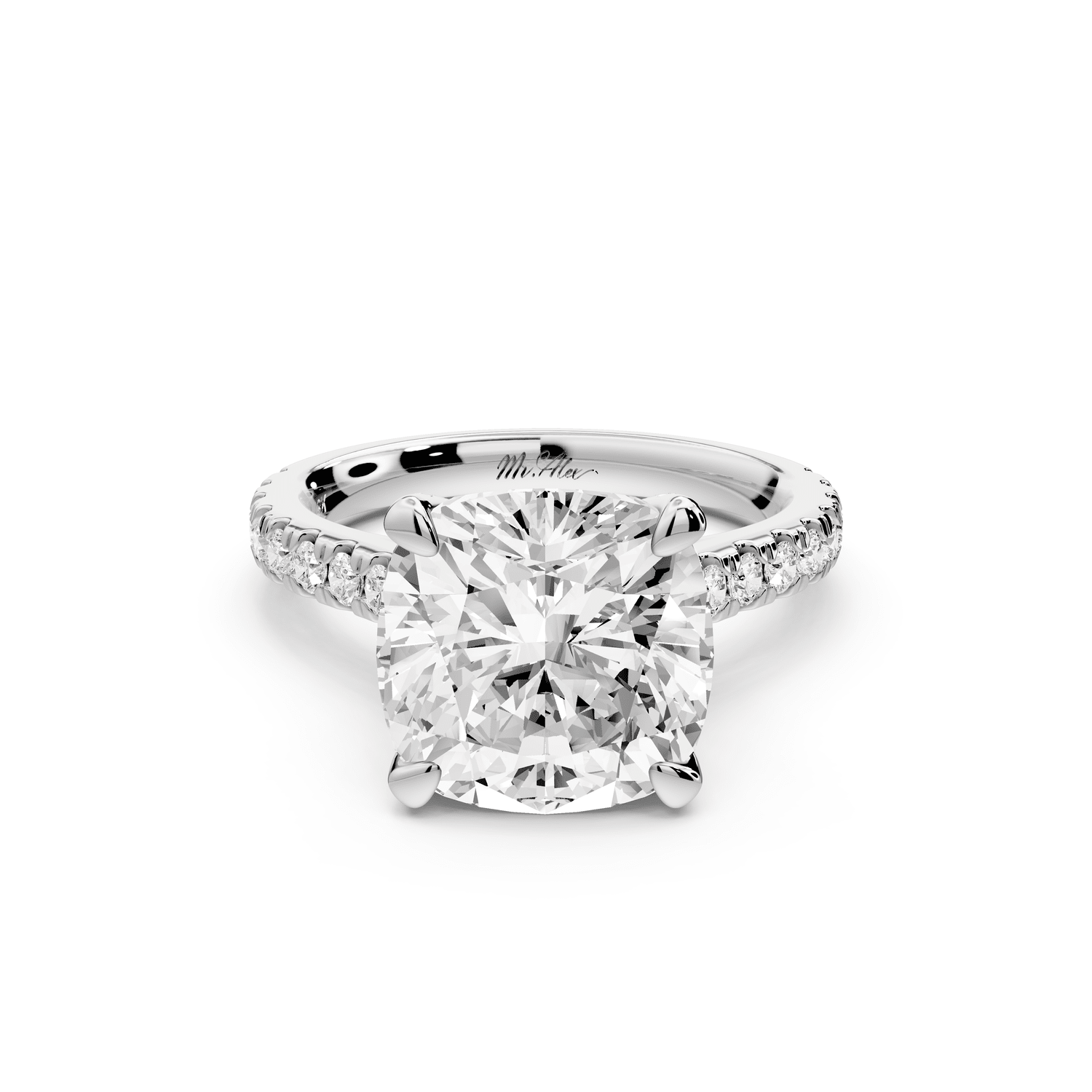 Iris - 5ct 14k white gold Three stone cushion Halo engagement ring - Mr. Alex Jewelry