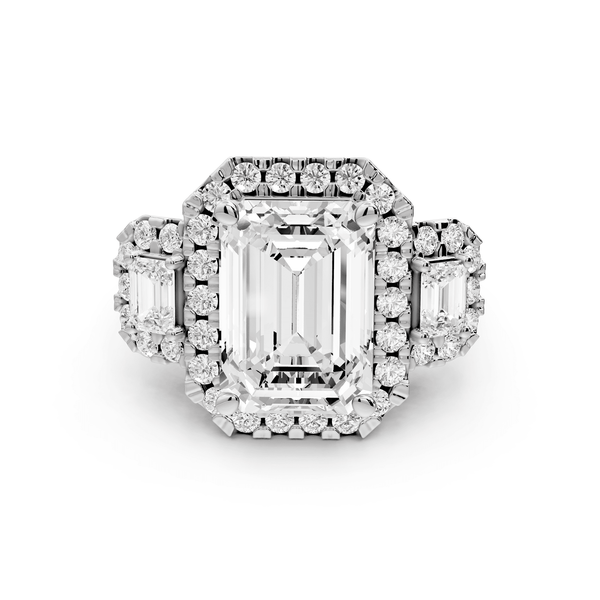 Iris - 5ct 18k white gold Three stone emerald Halo engagement ring - Mr. Alex Jewelry