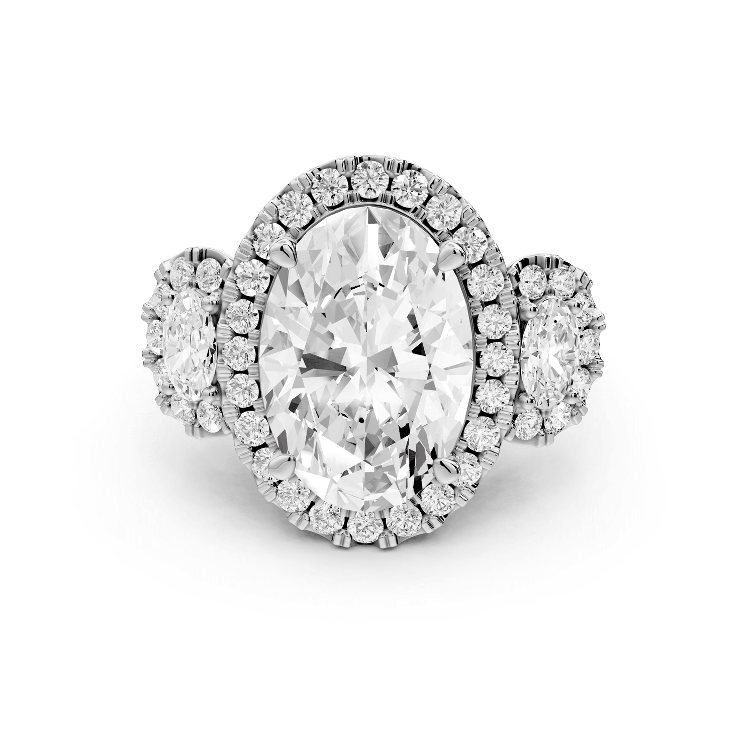 Iris - 5ct 18k white gold Three stone oval Halo engagement ring - Mr. Alex Jewelry