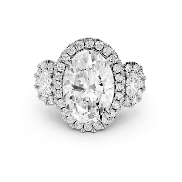 Iris - 5ct 18k white gold Three stone oval Halo engagement ring - Mr. Alex Jewelry