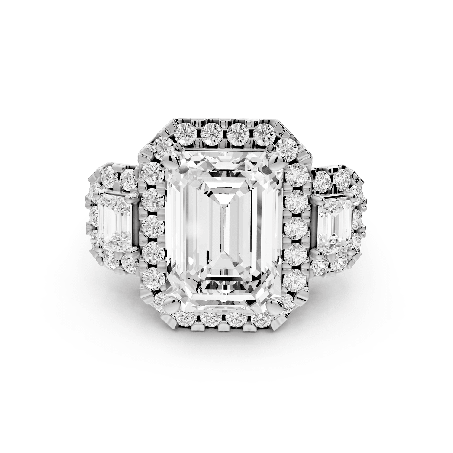 Iris - 5ct platinum Three stone emerald Halo engagement ring - Mr. Alex Jewelry